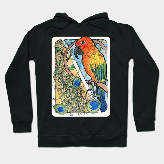 Sun Conure with Feathers and Sunflower Seeds Watercolor Print Hoodie by CrysOdenkirk